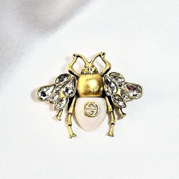 Gucci Goldtone Metal/Crystal GG Bee Brooch / Pin Made in Italy - Picture 1 of 2